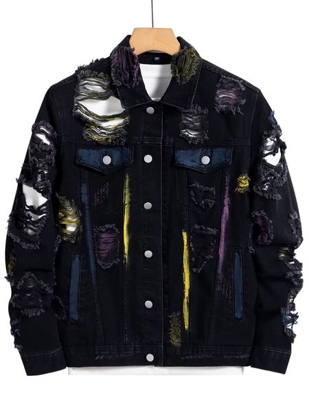 Men's black ripped denim jacket for spring and autumn. Random paint splashing. - AliExpress 200000343