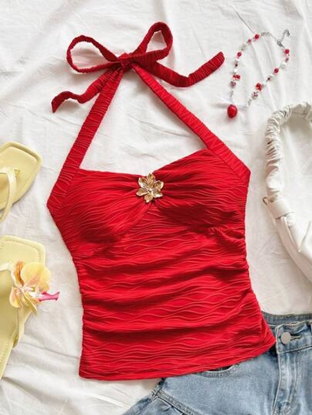 Soleia White Knit Textured Fitted Cami With V-Neck & Metal Buckle Halter Tie Straps, Suitable For Vacation, Music Festivals, Bohemian, Casual Dates