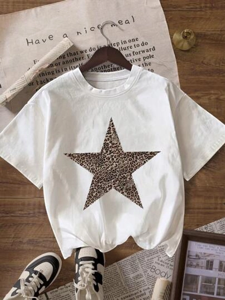 Leopard & Star Print Round Neck Short Sleeve Women T-Shirt