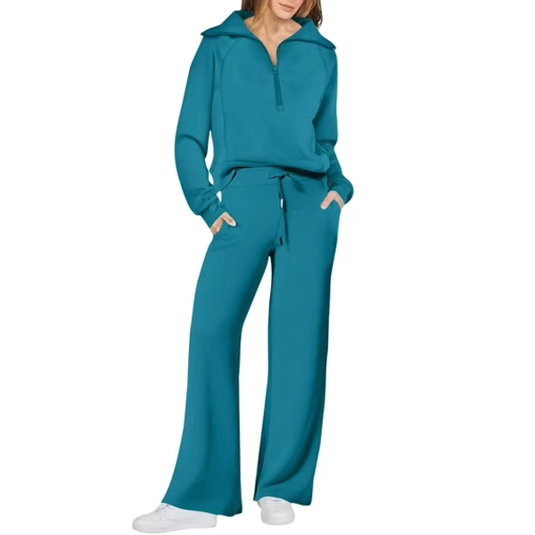 Women 2 Piece Outfits 2025 Fall Fashion Airport Wide Leg Pants Lounge Set Leisure Travel Vacation Clothes Sweatsuits 04-Turquoise S