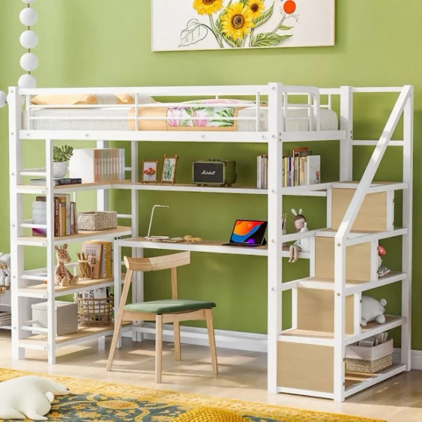 Metal Loft Bed With Staircase, Built-In Desk And Storage Shelves Ivy Bronx