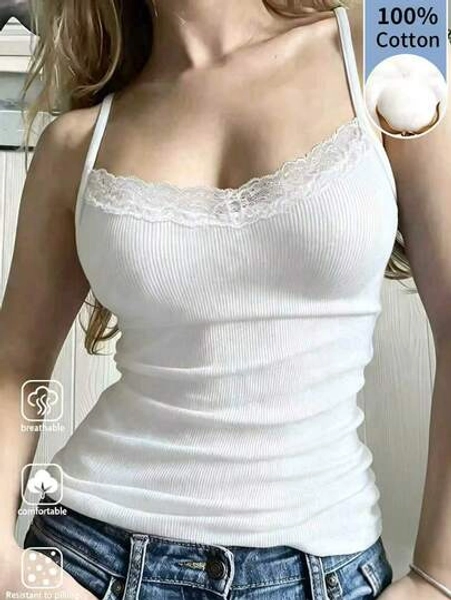 INAWLY Women's Summer Solid Color Versatile Contrast Lace Fitted Camisole - Size M