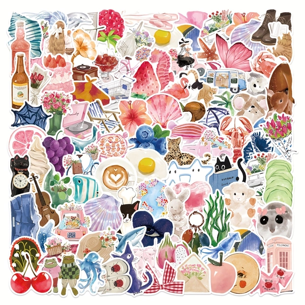 100pcs Retro Watercolor Diary Doodle Stickers - Vintage Aesthetic Stickers with Floral, Animals, Food, Transportation Designs - Self-Adhesive, Reusable, for Scrapbooking, Journals, Laptop, Phone, Water Bottle, Skateboard - Pastel Colors (Beige
