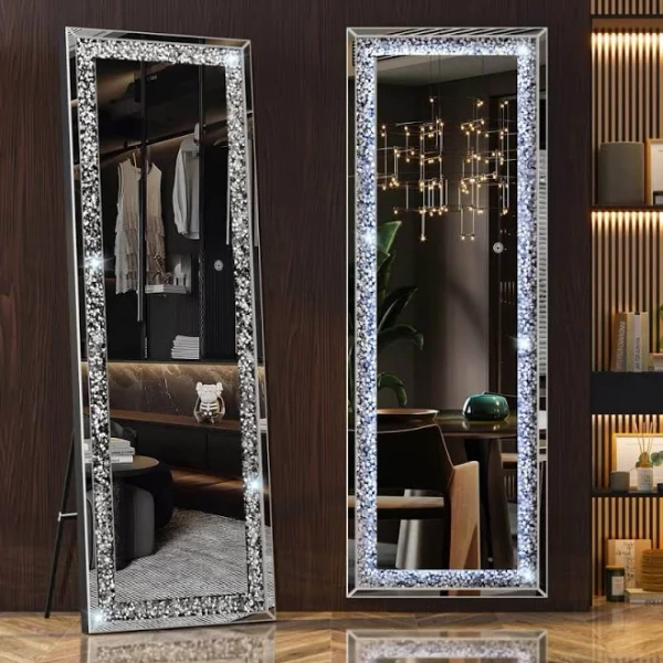 Vosuja Black Rectangular LED Light Full Length Standing Floor Mirror