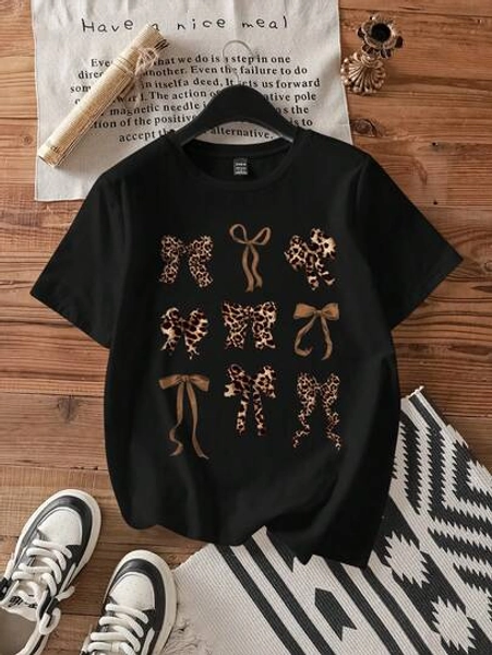 SHEIN EZwear Casual Loose Nine-Grid Bow Pattern Round Neck Short Sleeve T-Shirt For Women, Suitable For Summer Suitable For Going Out