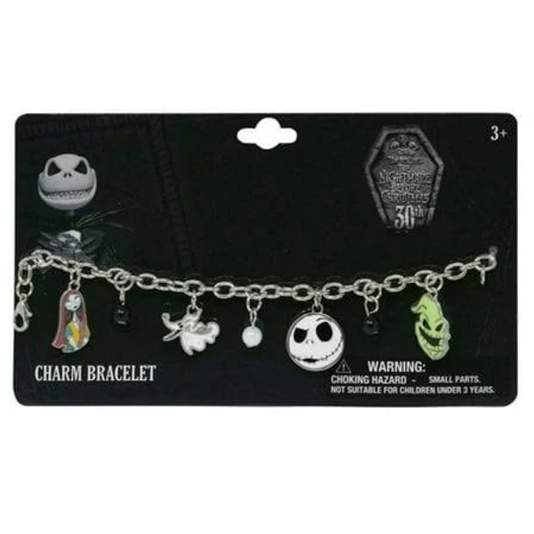 Nightmare Before Christmas 6.75 inch Charm Bracelet on Card Adult with 4 metal charms and 3 beads on Card