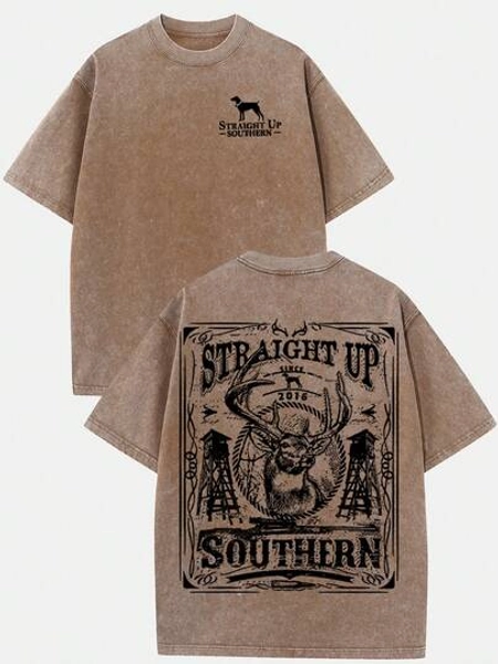 (230g T-Shirt)Vintage Straight Up Southern Washed Cotton T-Shirt, Deer Head With Retro Frame Graphic, Loose Fit Crew Neck Short Sleeve Tee