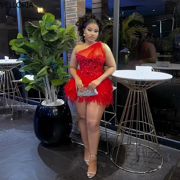 Sexy Red Birthday Dress Mini Luxury Feather Hem One Shoulder Rhinestone Corset Cocktail Party Gowns Night Clubwear Customized - AliExpress 320