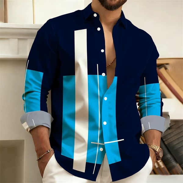 New men's color-block patchwork long-sleeved shirt, geometric striped casual business shirt, slim-fit men's top, sizes S-6XL. - AliExpress 200000343