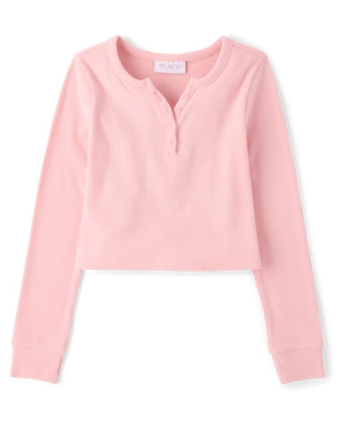 The Children's Place Girls Sueded Rib Henley Top | Size XS (4) | Pink | Polyester/Spandex