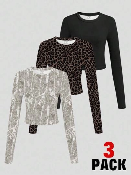 SHEIN 3pcs/Set Tween Girl Casual Leopard Print, Camouflage, Solid Black Crew Neck Long Sleeve Cropped Fitted T-Shirts, Layering Or Outerwear, Autumn/Winter Fall 3 Pack Tops Long Sleeve Tops Animal Print Tops Tops For Teen Girls Fitted Tops