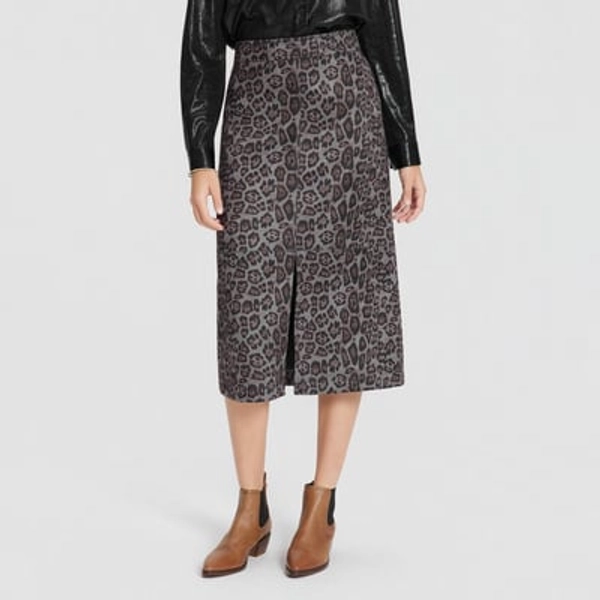 Women's Faux Suede Midi Skirt - A New Day™ Gray Leopard Spots XXL