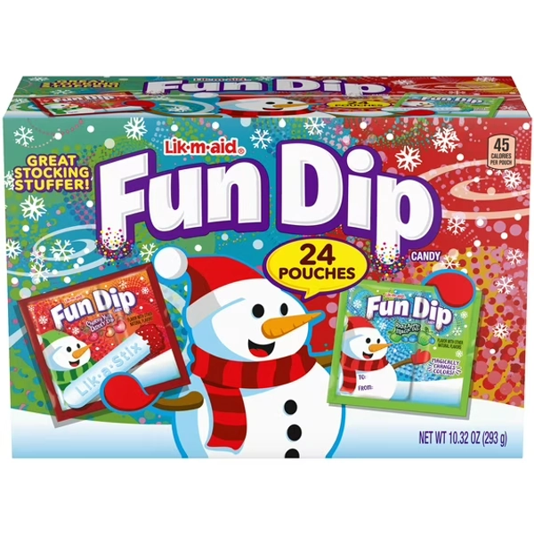 Lik-m-aid Fun Dip Holiday Assorted Candy Powder and Stick, 10.32 oz, 24 Count Pouches