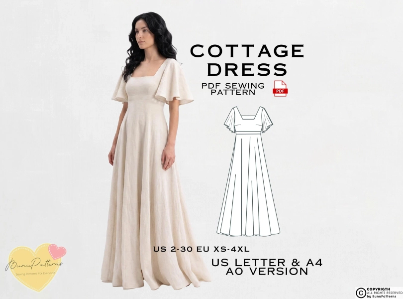 Cottagecore Long Dress Sewing Pattern: Bridesmaid, Vintage (PDF Download)