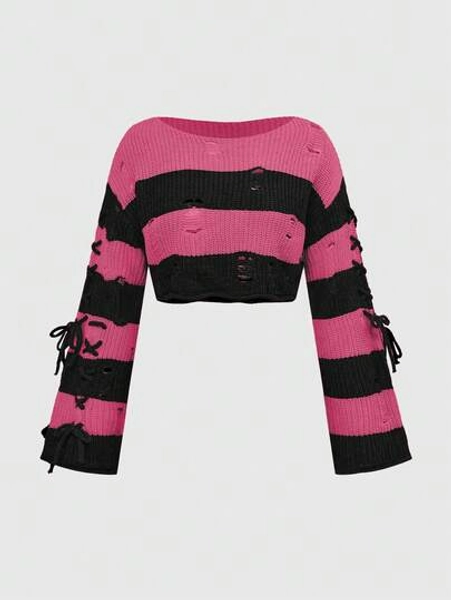 ROMWE Side Lace-Up Halloween Orange & Black Striped Cropped Knit Top - Size S