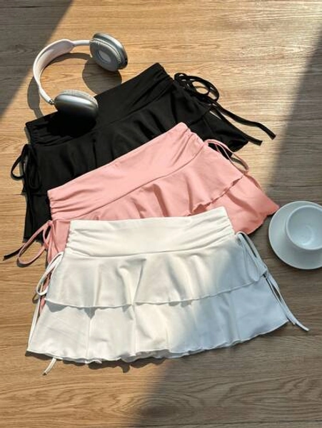 Attitoon 3pcs Women's Summer Cute Dance Skirt Set,White And Pink,Black Ruched Waist A-Line Layered Mini Skirts For Concerts,Cruises,Club Outings & - Size L
