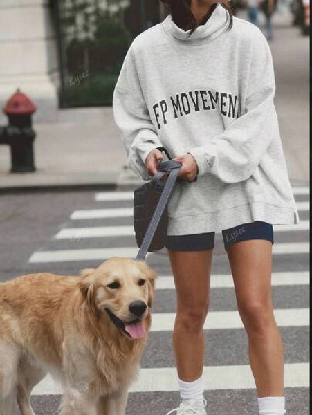 INS Style Women Printed Crew Neck Sweatshirt Set, Long Sleeve + Sports Shorts, Casual Sporty Outfit For Autumn, Loose Fit Two Pieces Suitable For Walking & Workout