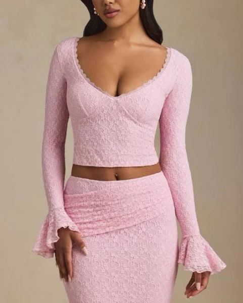 Oh Polly Ruffle Long-Sleeve Lace Top