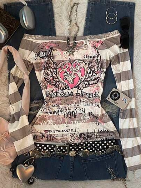 Noixe Women's Y2K Sweet 2000S Pink Angel Heart Print, Black And Gray Striped One-Shoulder Long-Sleeved T-Shirt, Suitable For Back-To-School Season, A Gift For Sisters