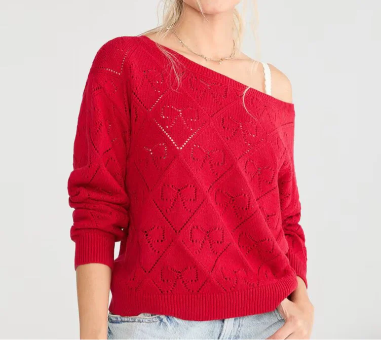 Slouchy Pointelle Bow Slash-Neck Sweater