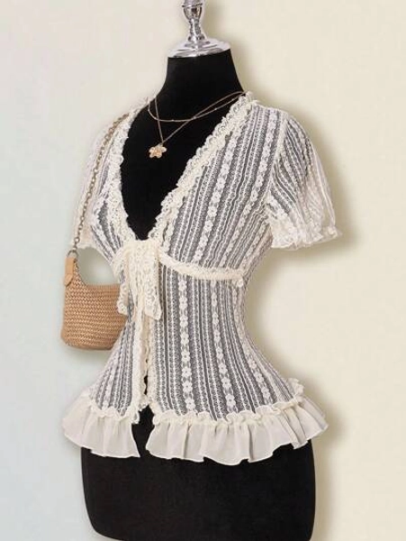 SHEIN ICON Women's Sheer Lace Chiffon Floral Splice Hem V-Neck Button Up Short Sleeve Cardigan, Lightweight Summer Lace Tops Vintage Lace Top French Lace Top Cottagecore Top Corset Top