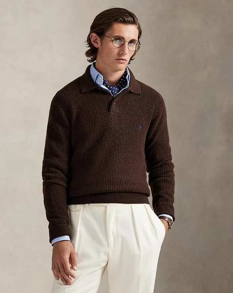 Textured Wool-Cotton Polo-Collar Jumper