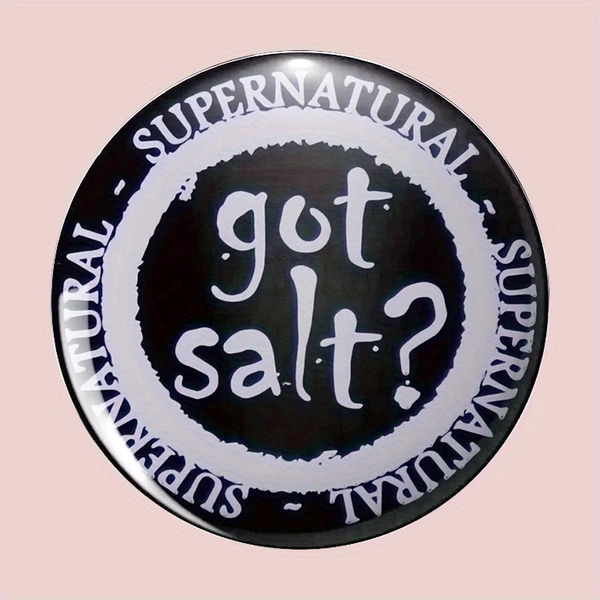 2D Flat, Supernatural "Got Salt?" Enamel Pin - Black & White Gothic Style Badge with Distressed Edges, Perfect for Anime Fans, DIY Crafts, School Bags, Clothing Decorations, Festivals, Weddings, Birthday Gifts, Festive Accessory | Gothic Style Pin | Durable Enamel Pin, Enamel Pin