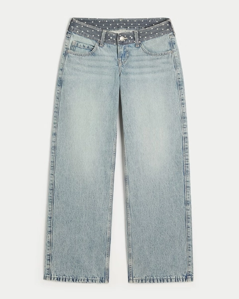 Ultra Low-Rise Light Wash Polka Dot Waist Baggy Jeans