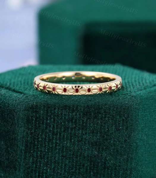 Antique Garnet Wedding Band Unique Yellow Gold Ring Full Eternity Filigree Ring Woman Wedding Ring Stacking Matching Ring Promise Gift - Etsy