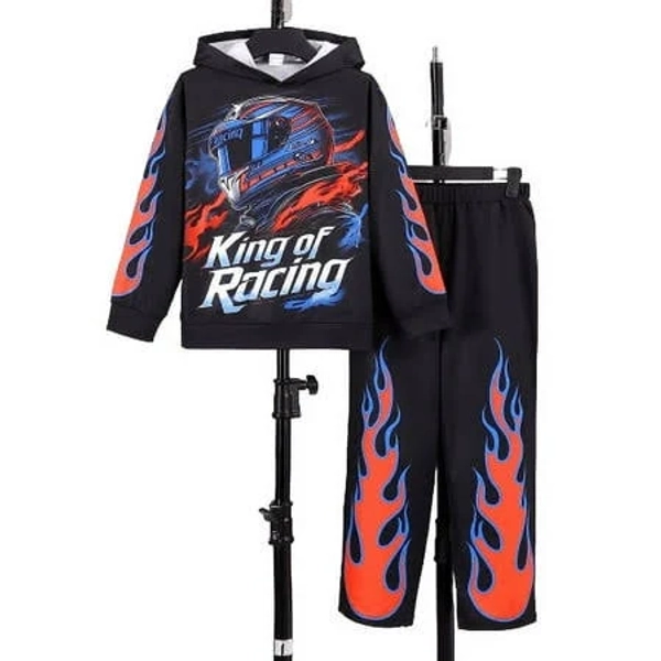 Boys Racing Driver Print Long Sleeve Elastic Flame Pattern Hoodies