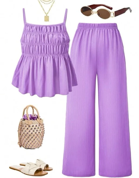 SHEIN Crinkle Shirred Two-Piece Set Girls Beach Outfit Kids Spaghetti Strap Camisole Top Loose Wide Leg Pants Casual