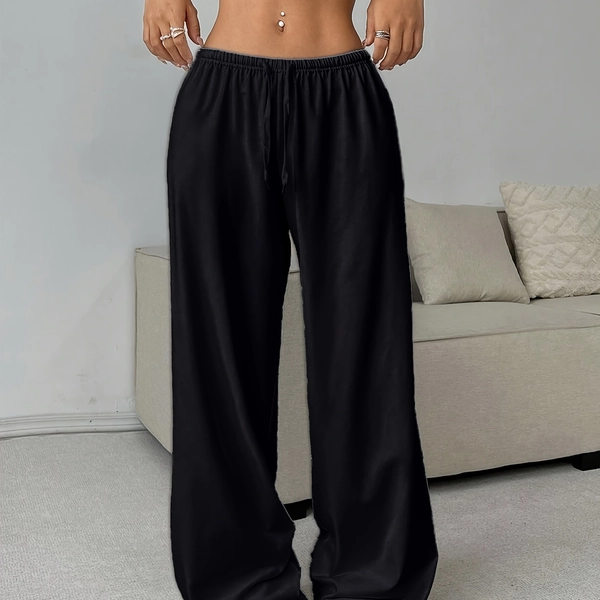 Plus Size Women's Oversized Wide-Leg Lounge Pants - All-Season Comfortable Trousers with Drawstring Waist & Elastic Cuff, Solid Black Casual & Clothing, Machine Washable for Casual Attire