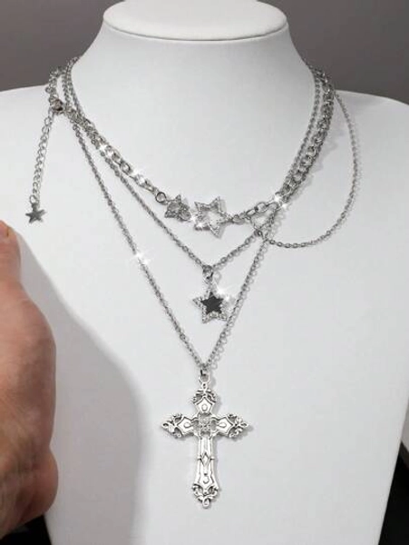 3pcs/Set Retro Gothic Style Star, Meteor, Cross Pendant Necklace Set For Women, Punk Style