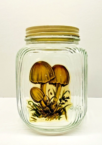 Vintage Square Clear Glass With Mushroom Print Kitchen Canister Jar 7" Tall
