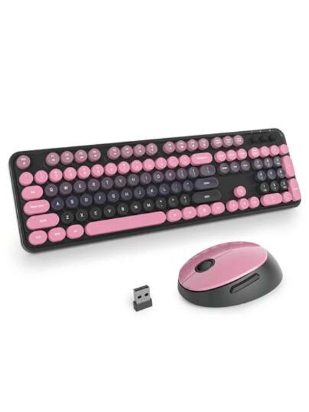Wireless Keyboard And Mouse Set, Cute Keyboard And Mouse Combo, Full Size Typewriter Keyboard With Number Pad, Colorful Keyboard With Round Keycaps For Windows PC Laptop
