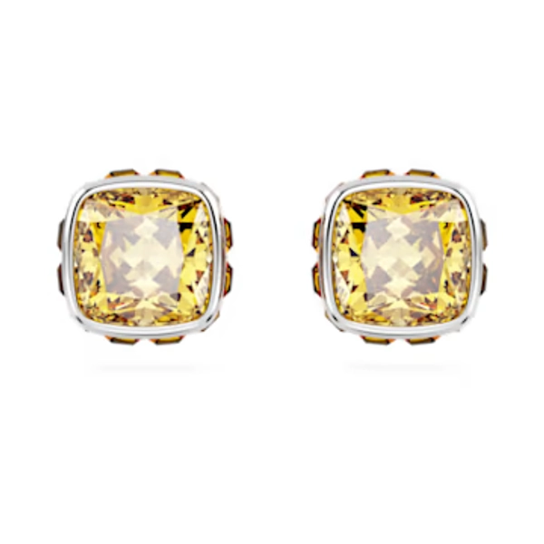 Birthstone stud earrings, Square cut, November, Yellow, Rhodium plated