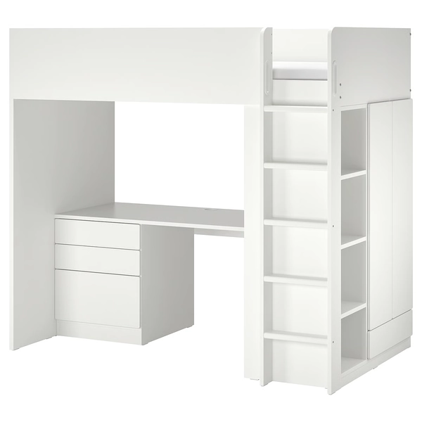 SMÅSTAD Loft bed - white white/with desk with 2 shelves Twin
