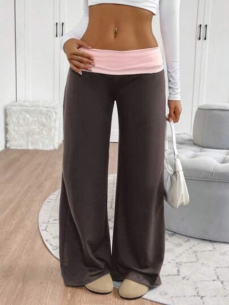 INAWLY Plus Size Contrast Color Elastic Waist Casual Straight Leg Pants Fall Cloth For Women