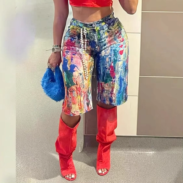 Denim Shorts Women Knee Length Straight Jeans Print High Waist Distressed Washed Summer 2025 Streetwear Vintage Short Pants - AliExpress 200000345