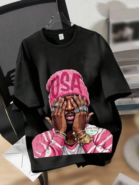 SHEIN Teen Girls' Casual Retro Style Pink Portrait Graphic Black Oversized Knit T-Shirt, Suitable For Summer, Jersey, Streetwear, Punk, Tops, Shirts, Top, Teen Girl Shirts, Teen Girl Clothes, Graphic Tees, Teen Girl Clothes, Oversized T-Shirt, Cute Shirts, Downtown Girl Aesthetic, Tracksuits For Teens Lil Baby Rapper Graphic T Shirt Women Baby Tees Women Y2k