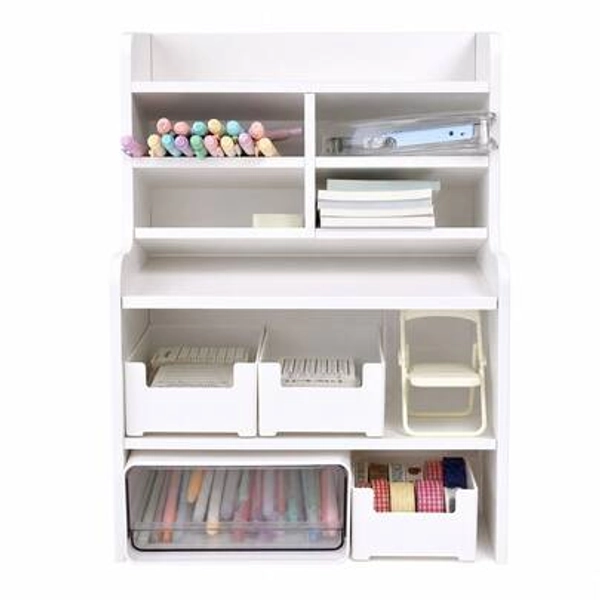 1pc Multi-Functional Student Dormitory Desk Organizer Bookcase With Tilting Pen Slot And Elevated Shelf, High-Capacity Desktop Storage Rack For Cosmetics Stationery And Books, Space-Saving Vanity Organizer For Home Office And School Study Table, Modern Minimalist Desktop Bookshelf, Dorm Room Essentials For Organizing Personal Items. - Size L