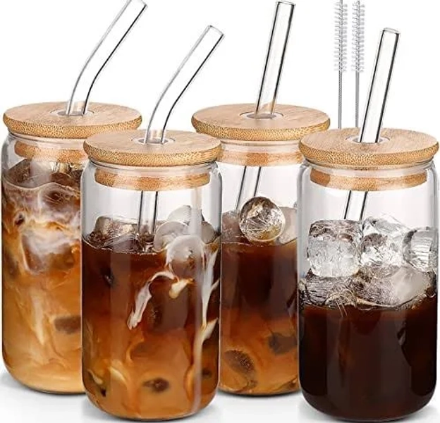 Glass Cups With Lids And Straws 4 pcs,16 oz Glass Cups for Coffee Bar Accessories-dwts Danweitesi Iced Coffee Cups With Lids,drinking glasses Set