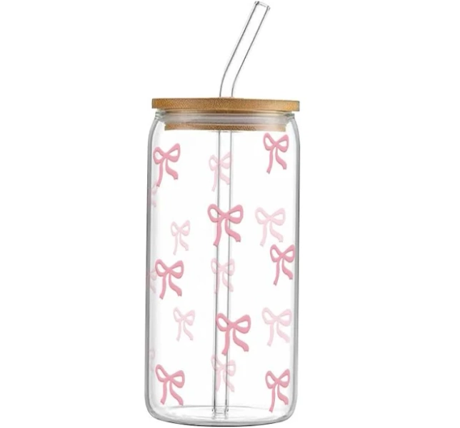 TEUYOE Pink Bow Glass Cup, 16 oz Iced Coffee Cup, Bow Glass Cup with Glass Straw and Wood Lid for Bubble Tea, Coffee or Cocktail,Gifts for Women Girls
