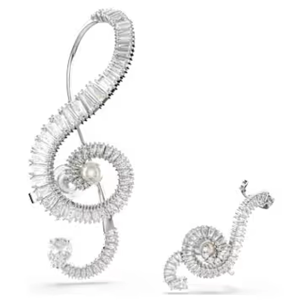 Ariana Grande x Swarovski clip earrings, Asymmetrical design, Crystal pearl, Baguette cut, White, Rhodium plated