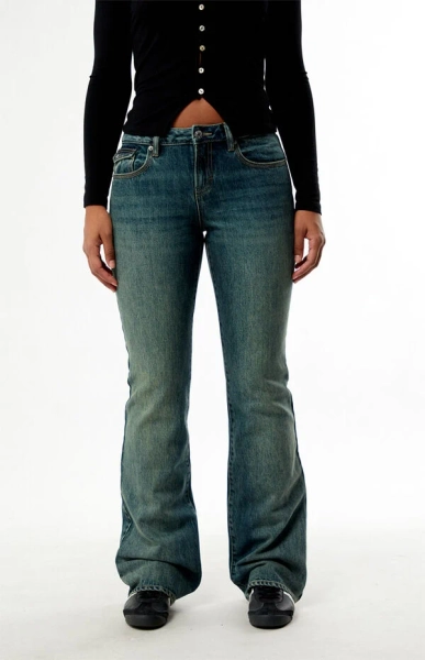 Jade Low Rise Bootcut Jeans Button Pocket Dark Blue