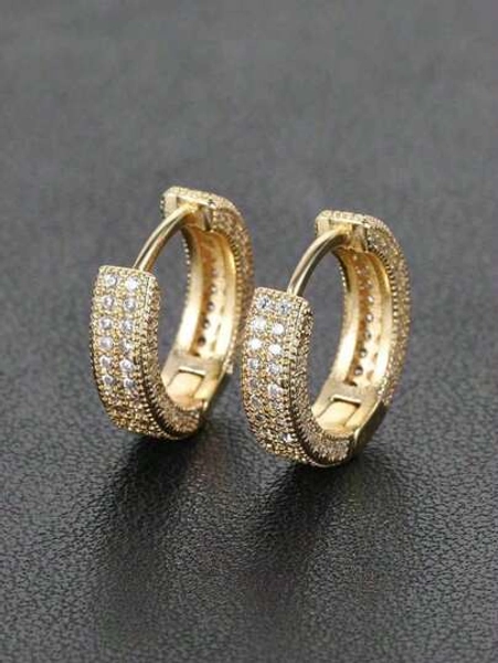 2pcs Simple Geometry Rhinestone Copper Hoops, Versatile Accessories Suitable For Party, Gathering, And Daily Outfit, Unisex