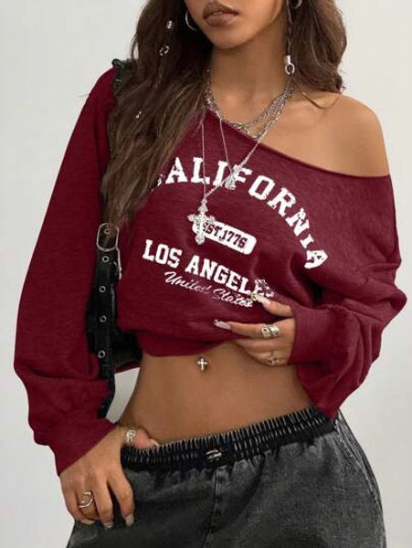 Coolane Women's Fall/Winter Casual Knit Place Name Pattern One Shoulder Sweatshirt