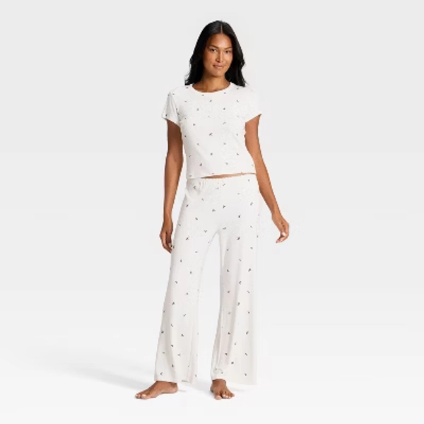 Women's Pointelle Short Sleeve Shirt and Pants Pajama Set - Auden™ Cream M