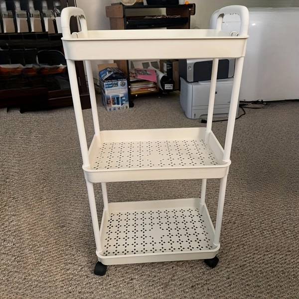 Multi-Layer Storage Organizer Cart - Durable Plastic, Easy to Move, Ideal for Kitchen, Bathroom, Bedroom - White and Black, 2D Flat