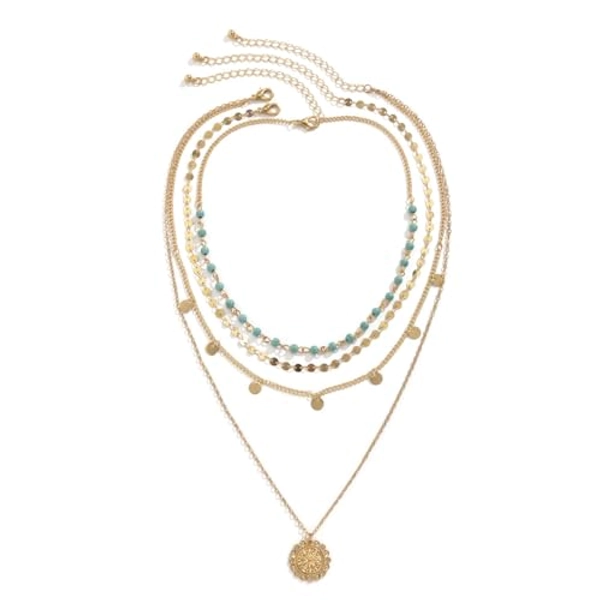 CYWQ Gold Layered Turquoise Necklace for Women Multi Boho Bohemian Long Necklace Coin Pendant Necklaces Jewelry (Layered Beaded necklace)